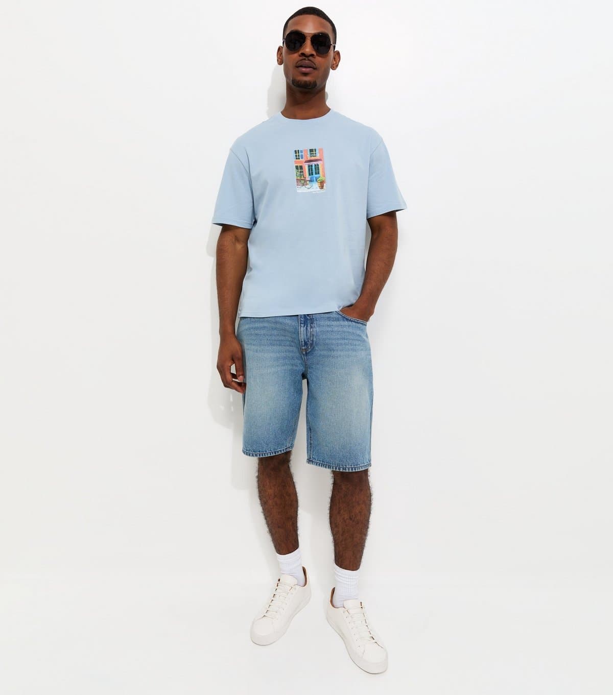 Only and Sons Men's Light Blue House Print Relaxed Fit T-Shirt Only and Sons New Look