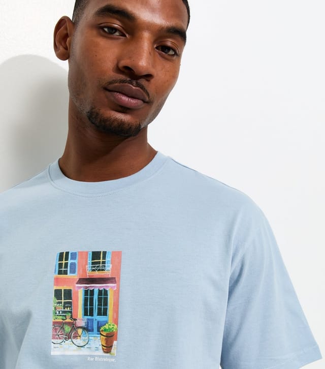 Only and Sons Men's Light Blue House Print Relaxed Fit T-Shirt Only and Sons New Look - 2