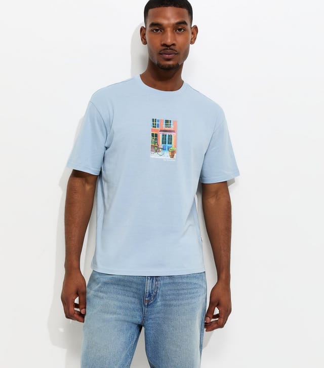 Only and Sons Men's Light Blue House Print Relaxed Fit T-Shirt Only and Sons New Look - 3