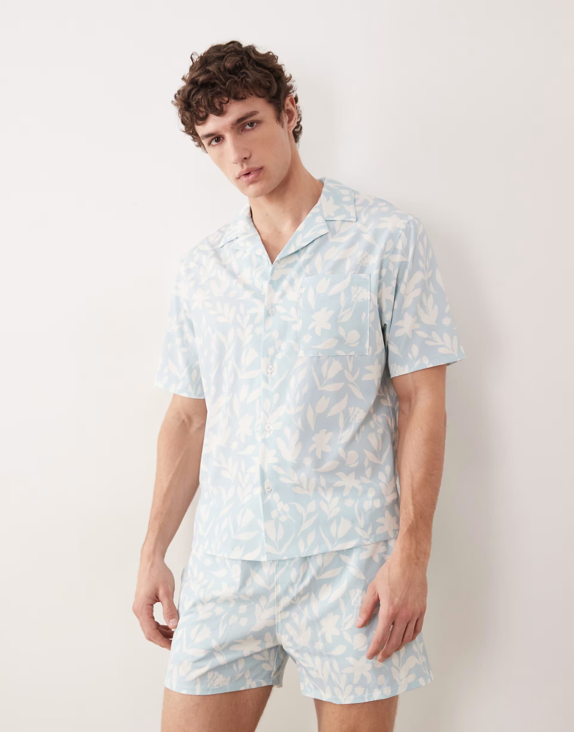 ASOS Free Society leaf print short sleeve beach shirt in vintage blue