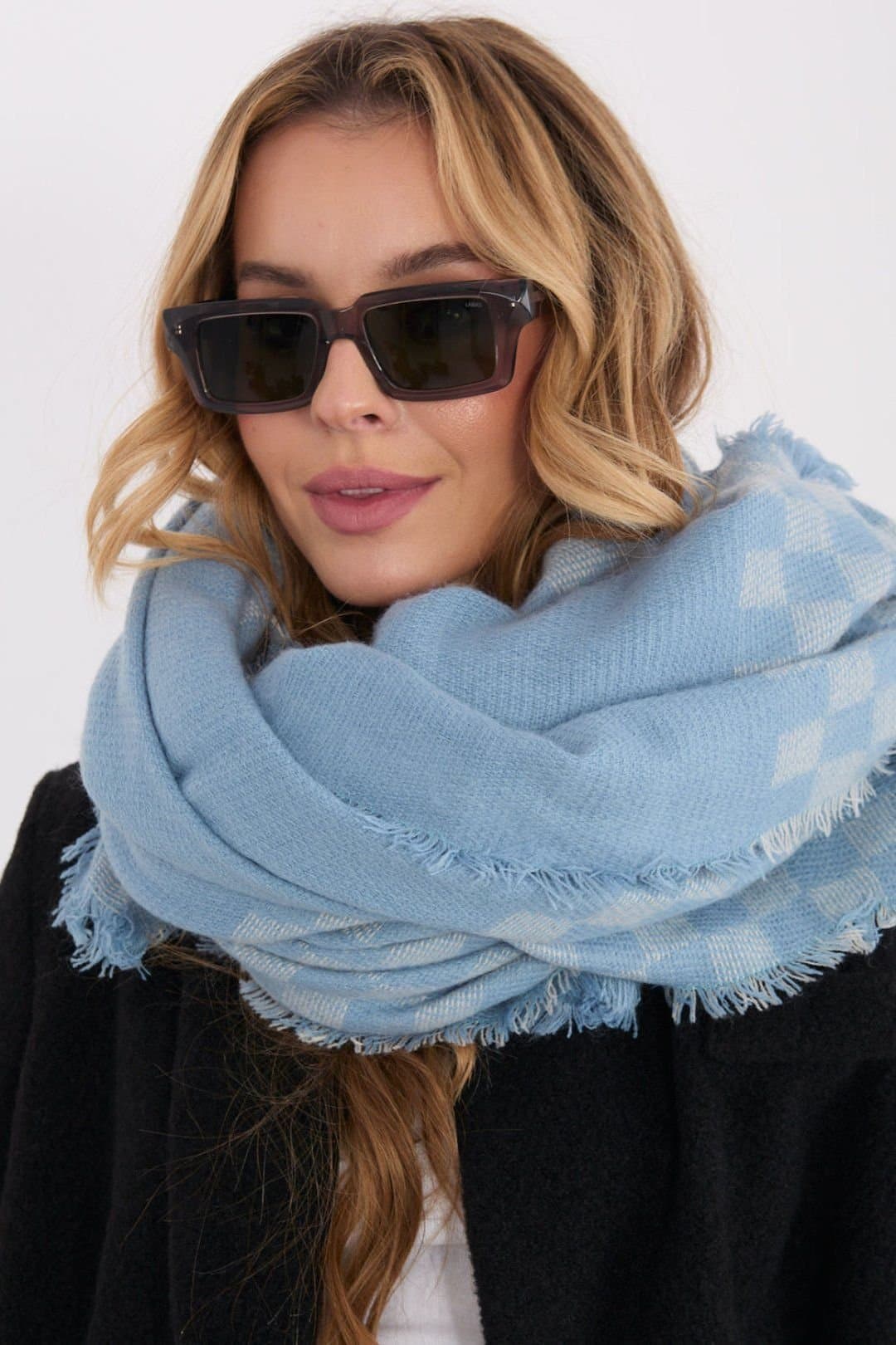 Love Lace Love Lace Women's Geometric Wool Viscose Scarf Shawl with Soft Fringes Wrap in Blue