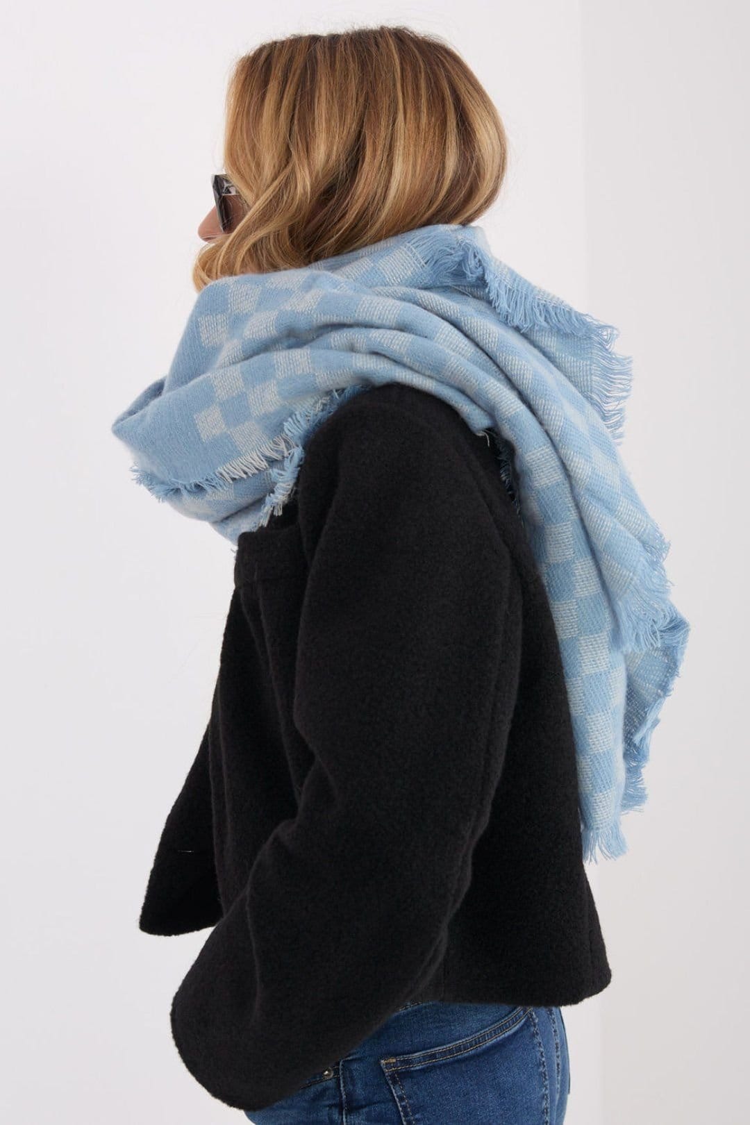 Love Lace Love Lace Women's Geometric Wool Viscose Scarf Shawl with Soft Fringes Wrap in Blue - 4