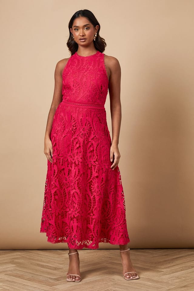 Oasis Oasis Women's Lace Halterneck Dress in Bright Pink - 2