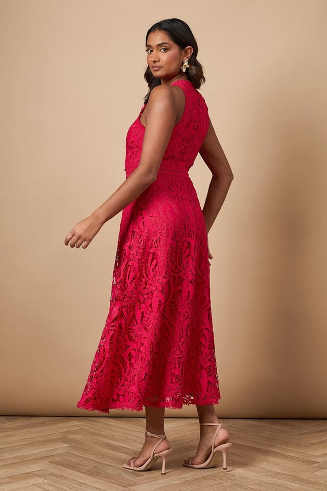 Oasis Oasis Women's Lace Halterneck Dress in Bright Pink - 3