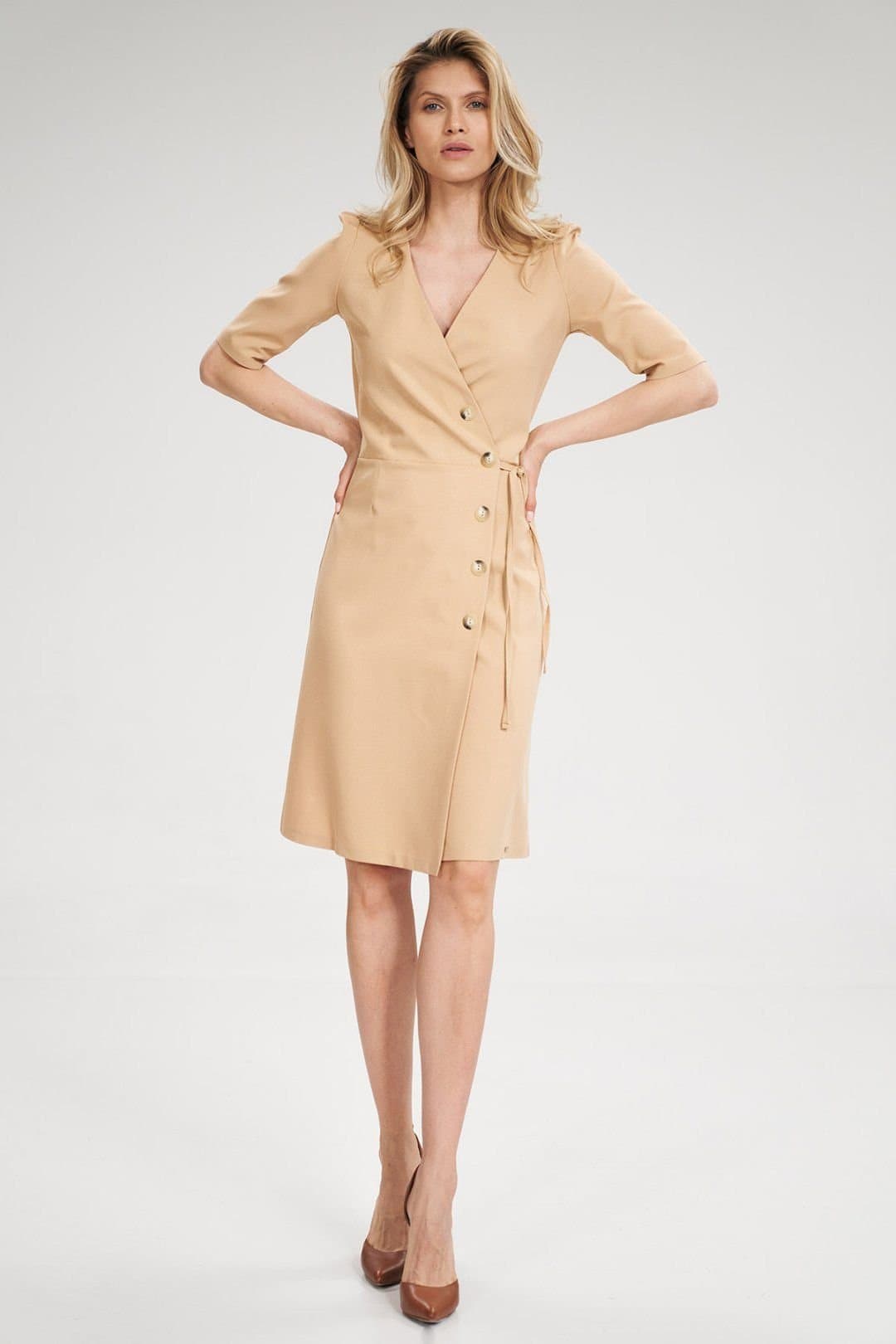 Love Lace Love Lace Women's Envelope Midi Dress Cheese Neck Tie Buttons in Beige