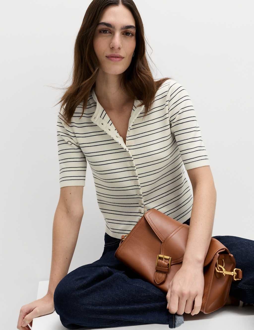 Marks & Spencer M&S Striped Crew Neck Cropped Cardigan Midnight Navy