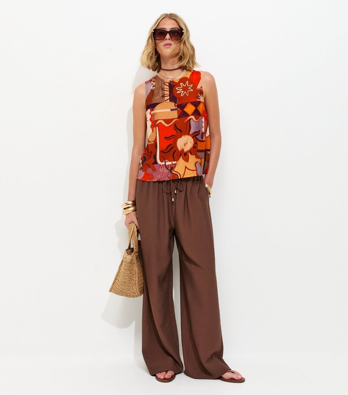 New Look Women's Dark Brown Drawstring Wide Leg Trousers New Look