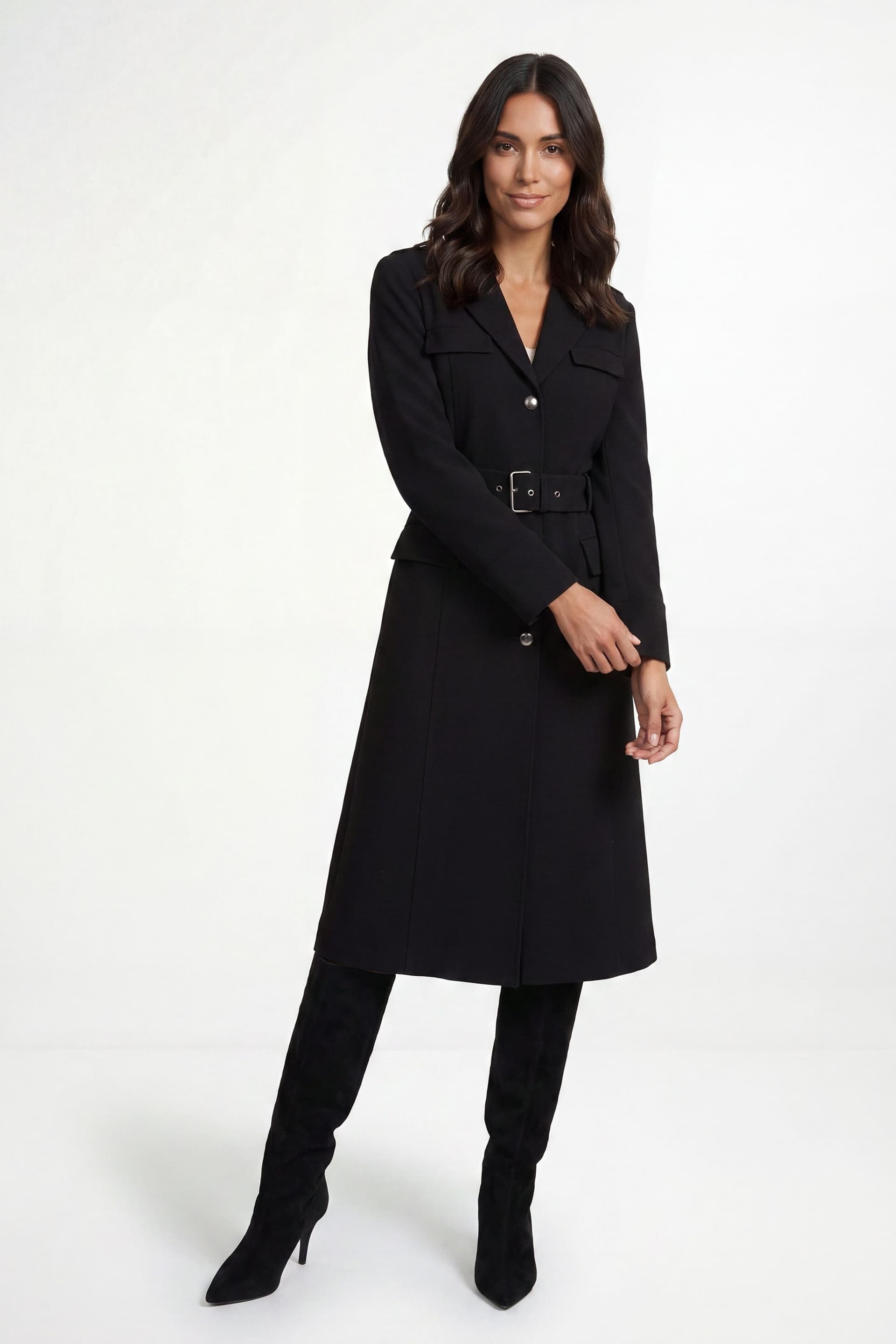 Wallis Wallis Women's Military Style Trim Detail Belter Midi Coat in Black