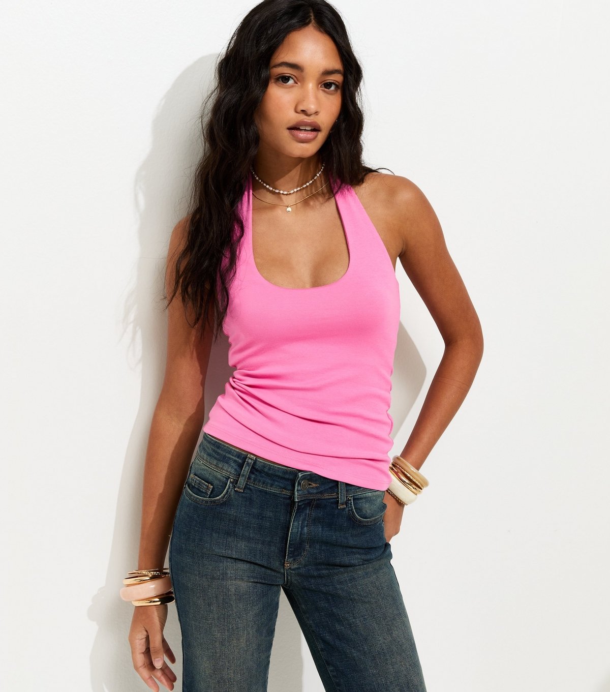 New Look Women's Bright Pink Ribbed Halter Neck Vest Top New Look - 2