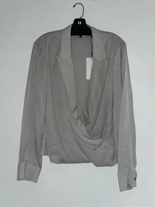 Theory Light Grey Silk Wrap Blouse - UK 12 EU L