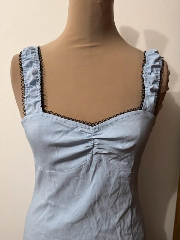 ASOS Design shirred strap mini dress in pale blue wedding guest summer party black laddering size 10 - 1