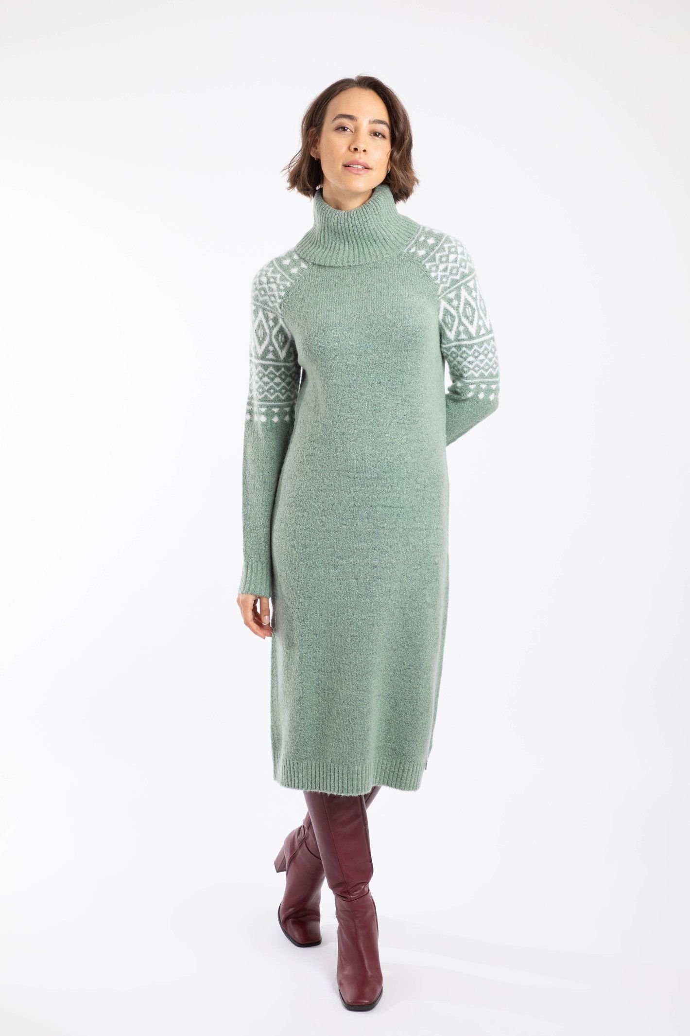 Weird Fish Weird Fish Women's Ezzie Fair Isle Roll Neck Knitted Dress in Bright Green - 4