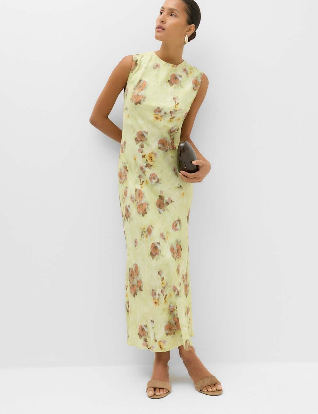 Marks & Spencer M&S Floral Round Neck Midi Column Dress Green Mix