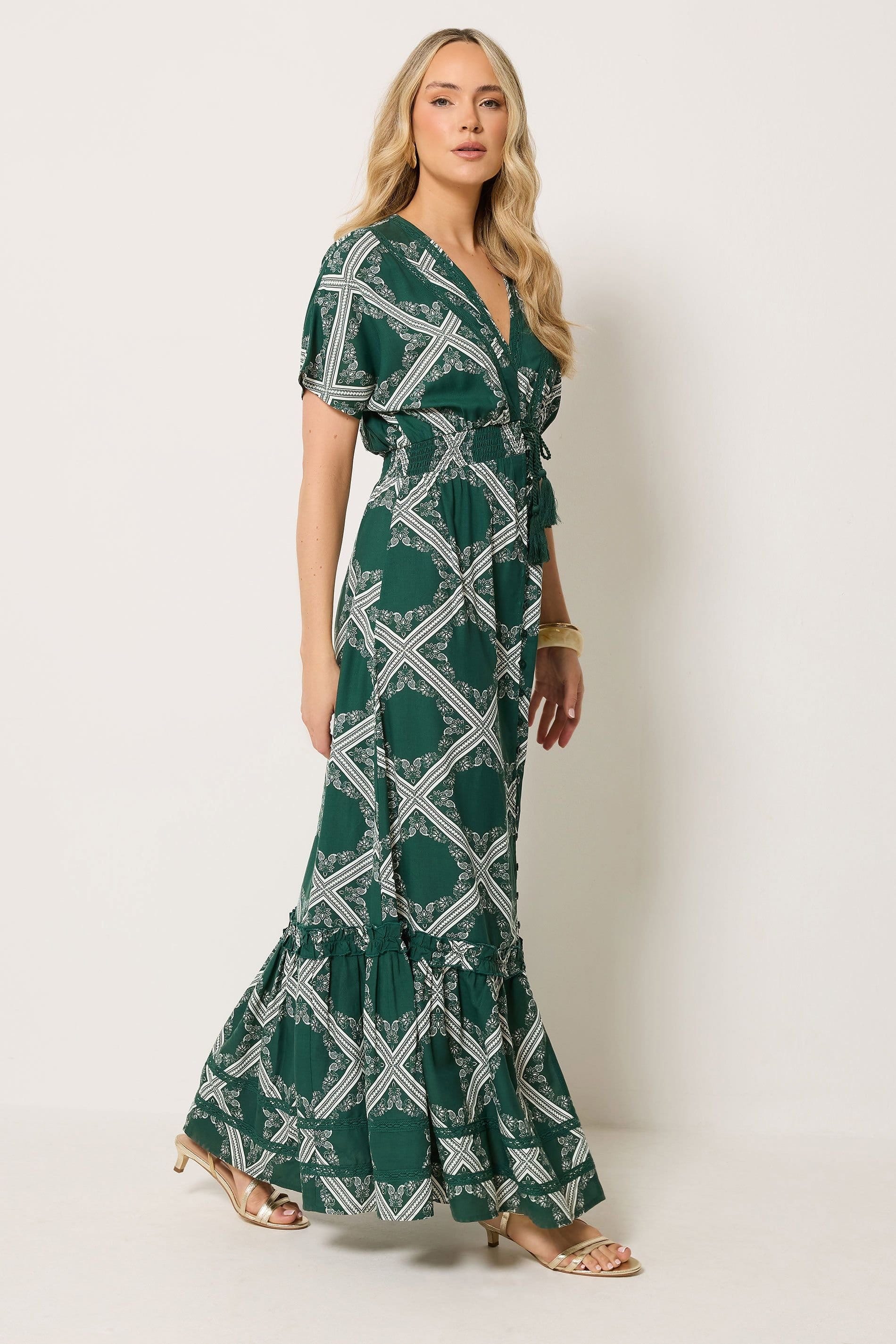 Long Tall Sally Long Tall Sally Women's Tall Scarf Print Button Maxi Dress in Dark Green - 4