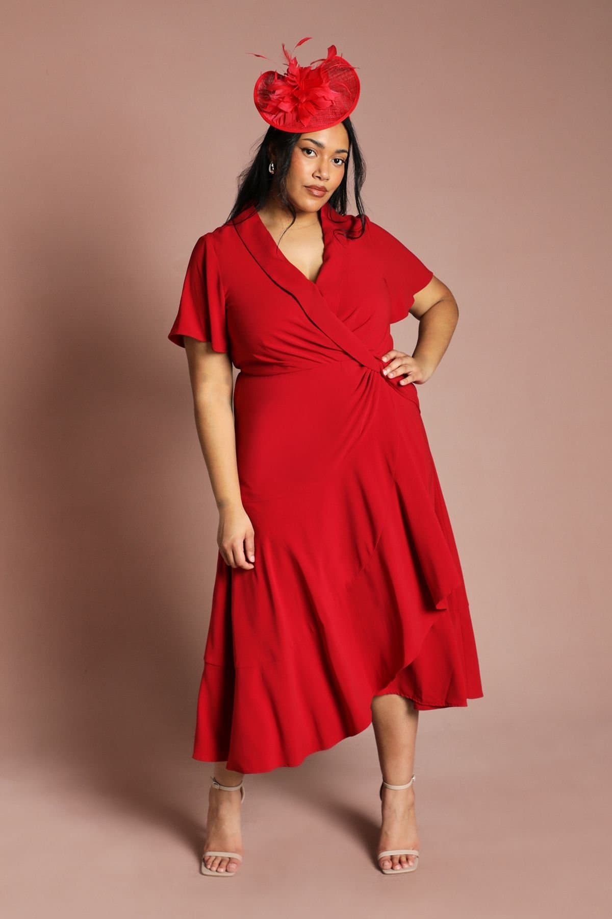 Coast Coast Women's Plus Shawl Collar Ruffle Hem Midi Dress With Fluted Sleeve in Berry