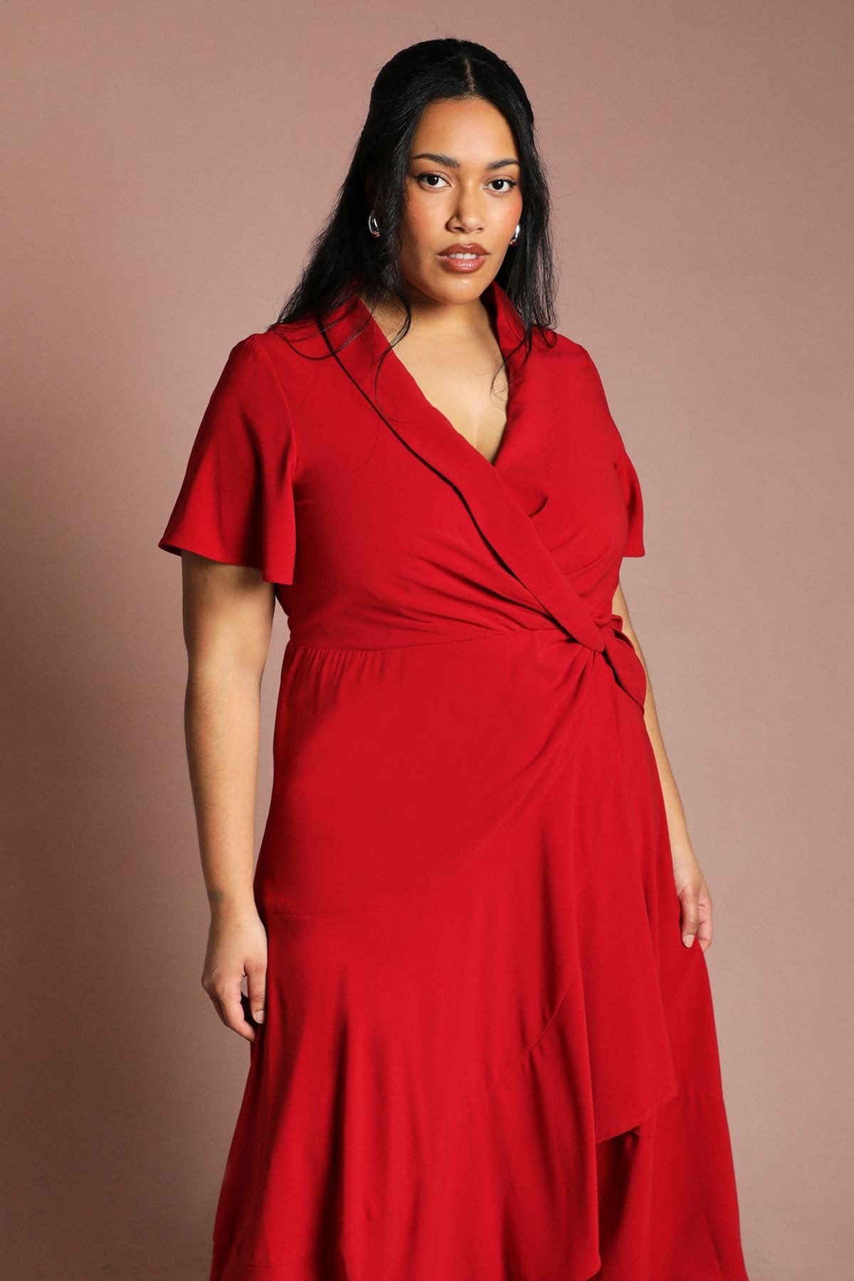 Coast Coast Women's Plus Shawl Collar Ruffle Hem Midi Dress With Fluted Sleeve in Berry - 4