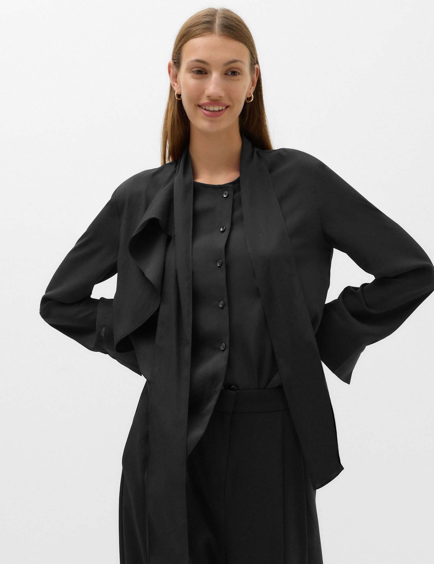 Marks & Spencer M&S Draped Scarf Neck Button Through Shirt Black