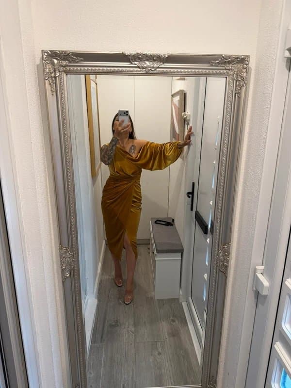 ASOS Design ASOS design Velvet One Shoulder Draped Midi Dress In Mustard Size 8-10 Stretch