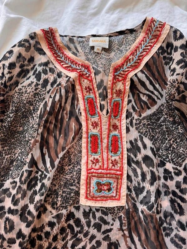 Vintage Dressing Vintage UK 10 Chiffon Animal Print Embellished Beach Kaftan Tunic Dress Leopard Zebra Beaded