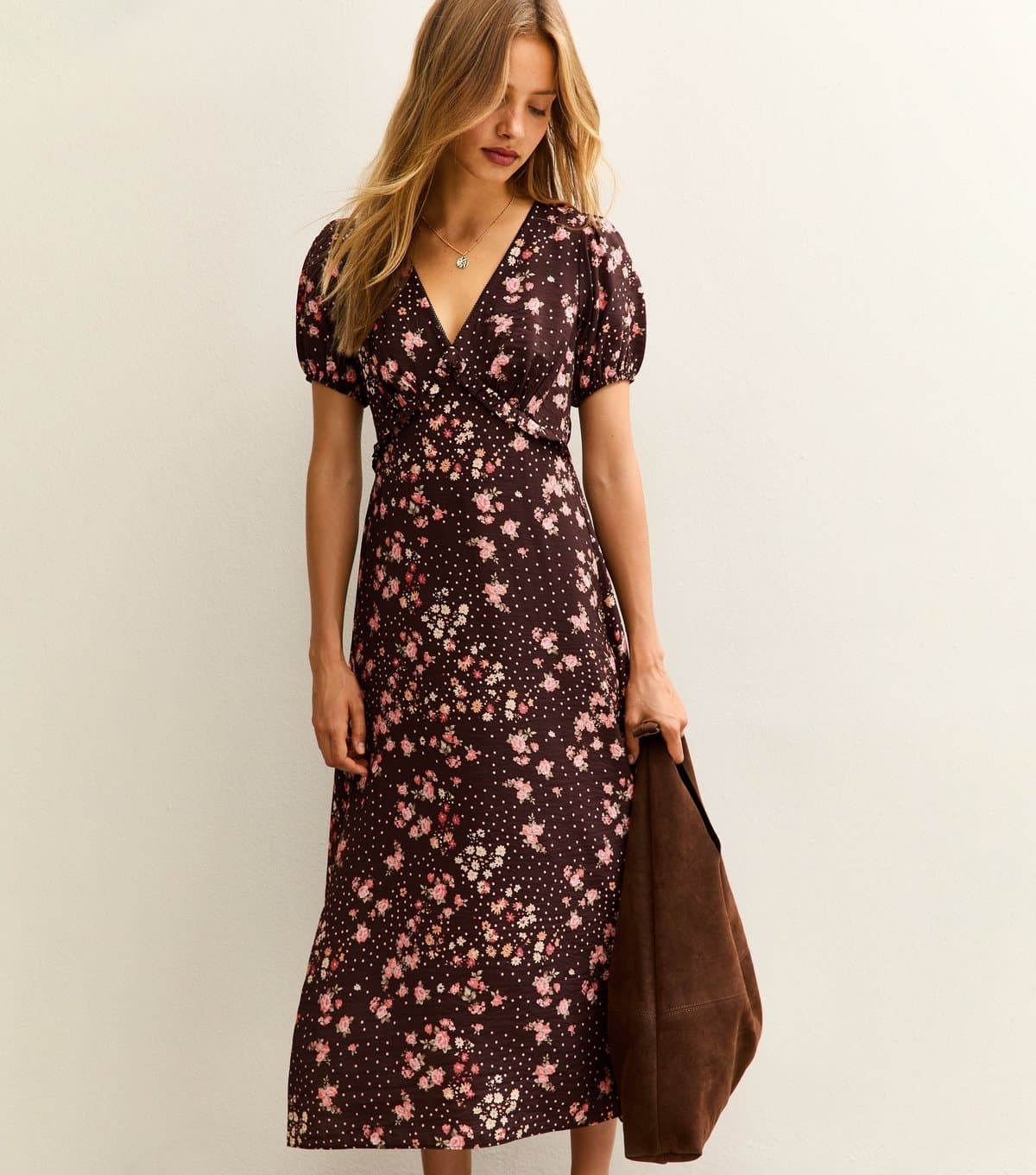 New Look Women's Brown Floral Print Short Sleeve Tea Midi Dress New Look