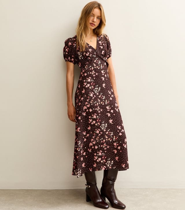 New Look Women's Brown Floral Print Short Sleeve Tea Midi Dress New Look - 2