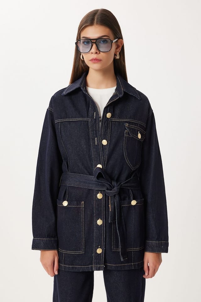 Happiness Istanbul Happiness Istanbul Women's Belted Denim Jacket & Wide Leg Pants Two-Piece Set in Mid Navy - 3