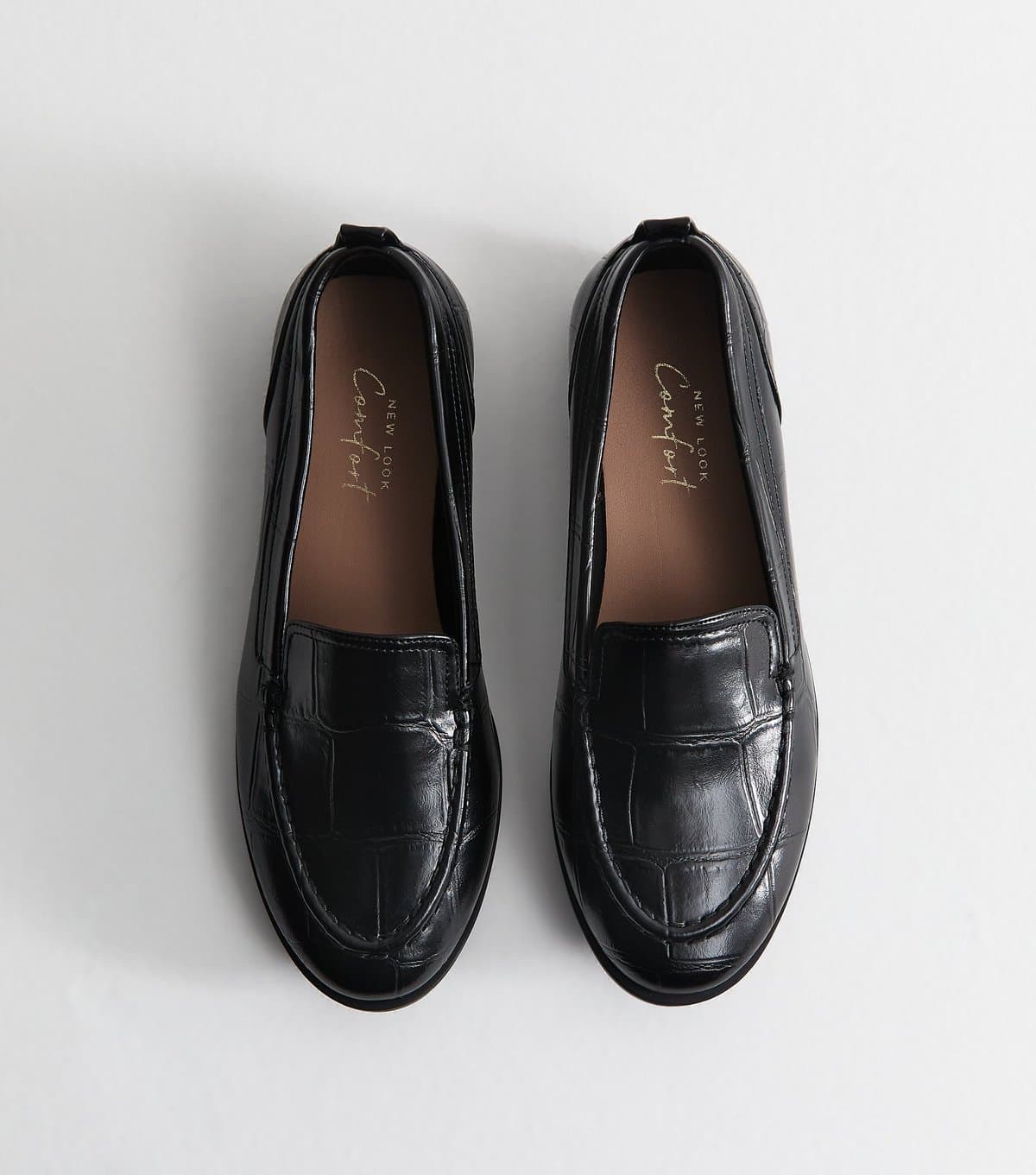 New Look Women's Black Faux Leather Crocodile Embossed Loafers Vegan New Look