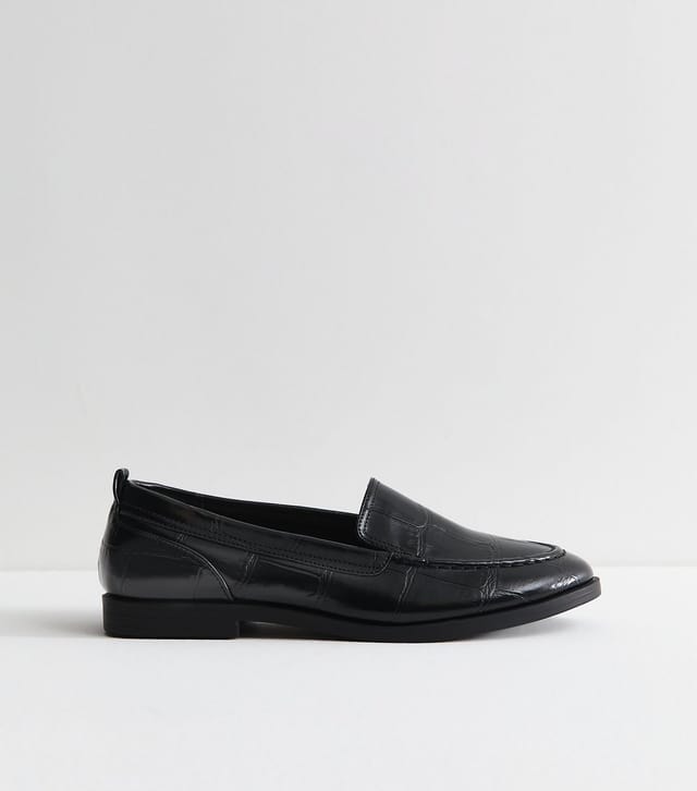 New Look Women's Black Faux Leather Crocodile Embossed Loafers Vegan New Look - 3