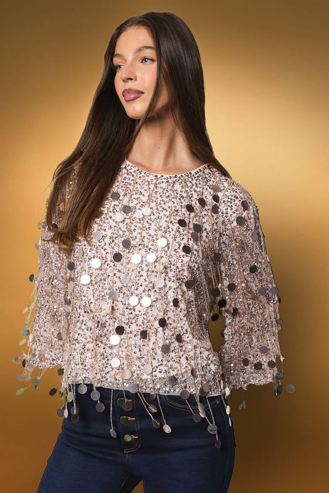 Coast Coast Women's Sequin Fringe Long Sleeve Party Top in Blush - 2