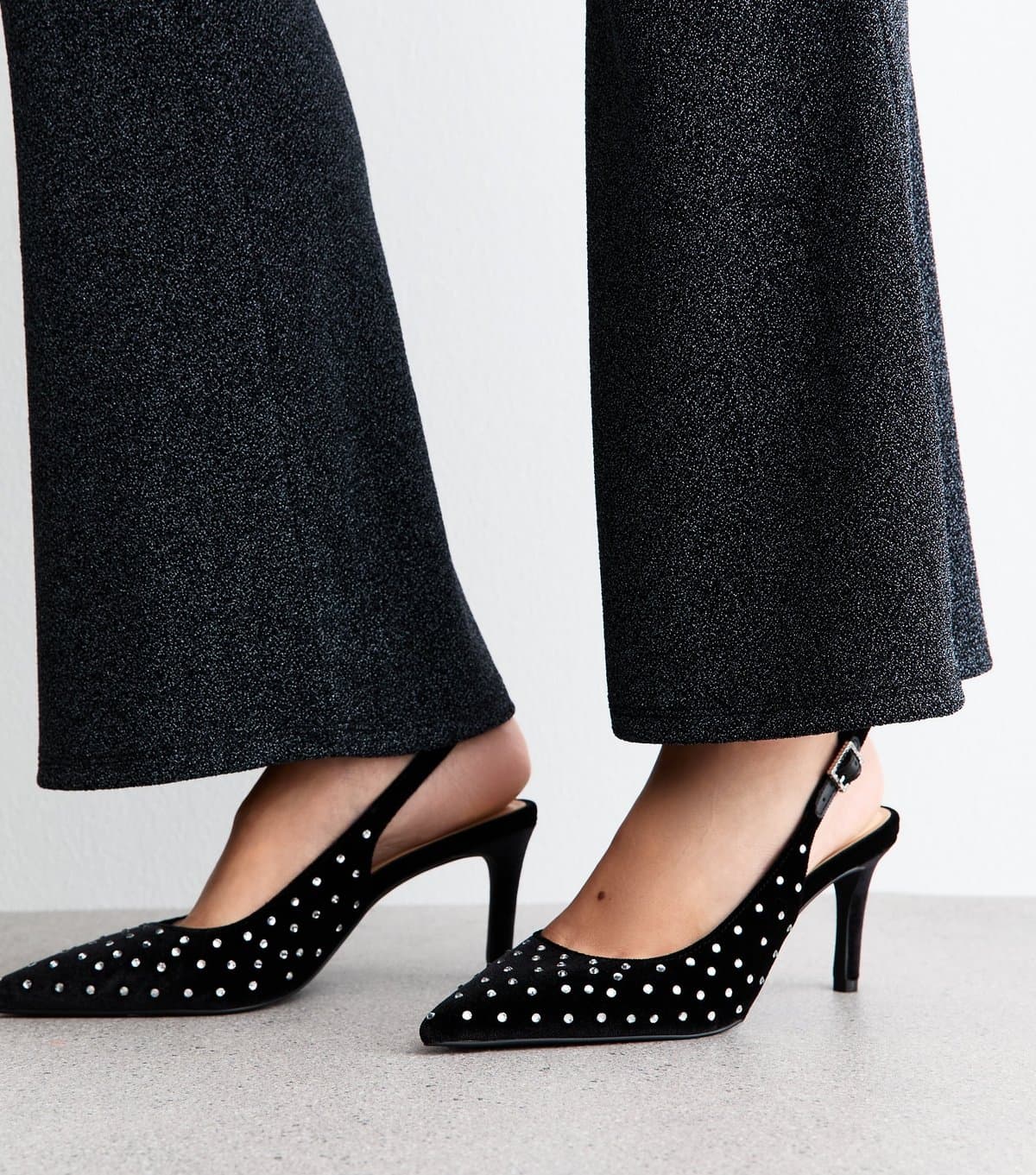 New Look Women's Black Velvet Diamanté Slingback Court Shoes Vegan New Look