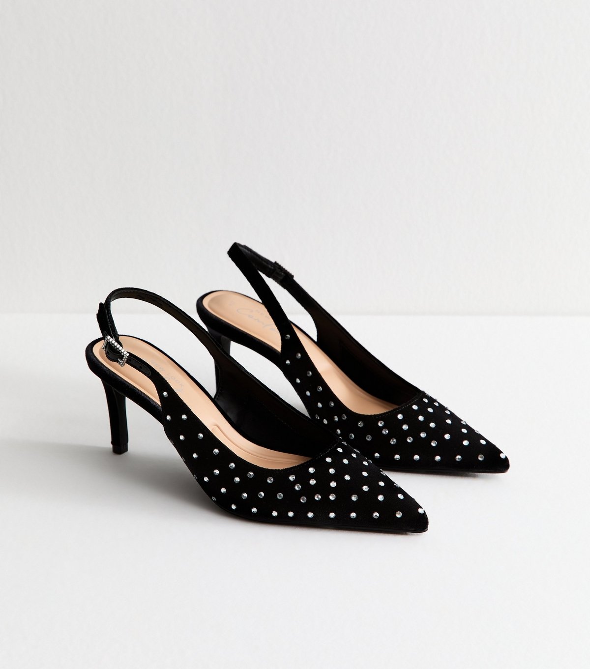 New Look Women's Black Velvet Diamanté Slingback Court Shoes Vegan New Look - 3