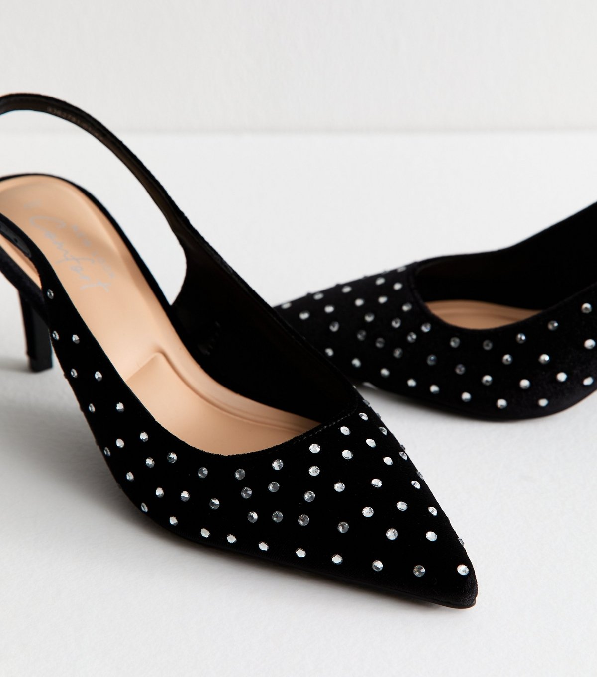 New Look Women's Black Velvet Diamanté Slingback Court Shoes Vegan New Look - 4