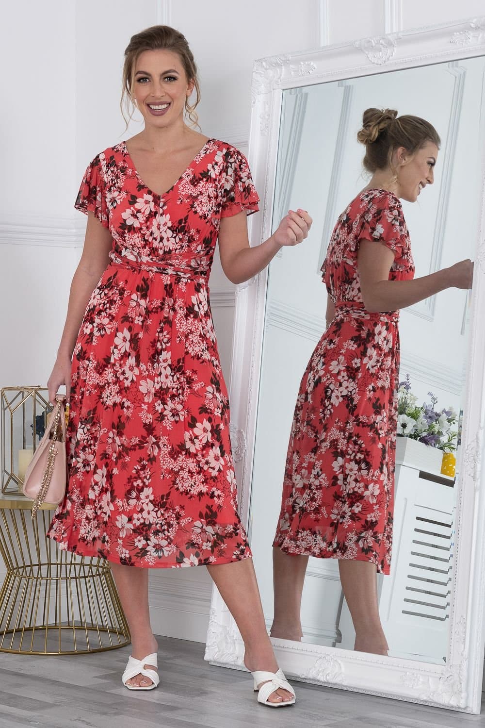 Jolie Moi Jolie Moi Women's Bethany Mesh Midi Dress in Coral
