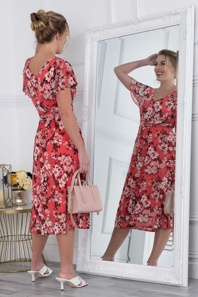 Jolie Moi Jolie Moi Women's Bethany Mesh Midi Dress in Coral - 2