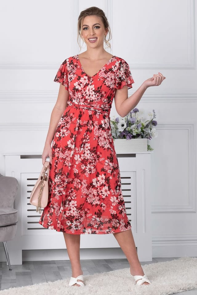 Jolie Moi Jolie Moi Women's Bethany Mesh Midi Dress in Coral - 3