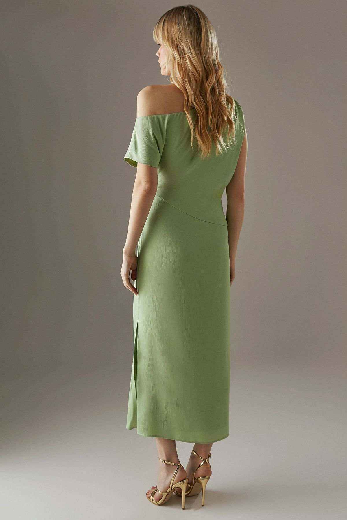 Warehouse Warehouse Women's Crinkle Satin Fallen Shoulder Knot Side Midi Dress in Sage - 3