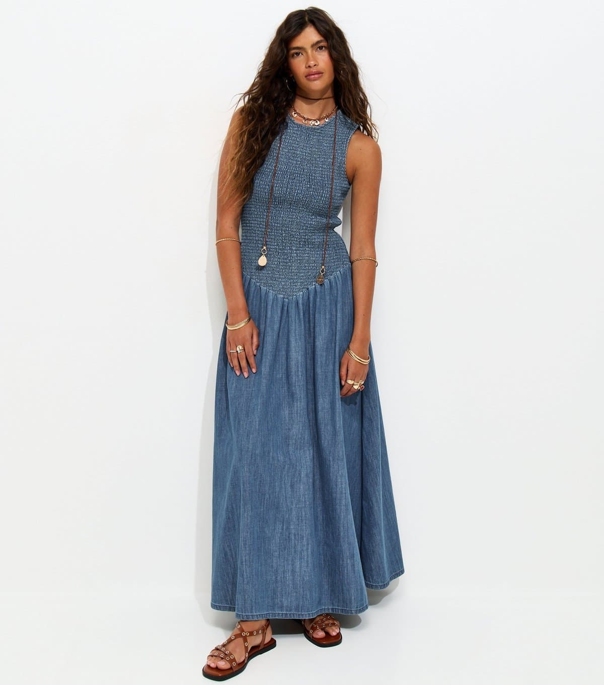 New Look Women's Blue Denim Shirred Dropped Waist Maxi Dress New Look
