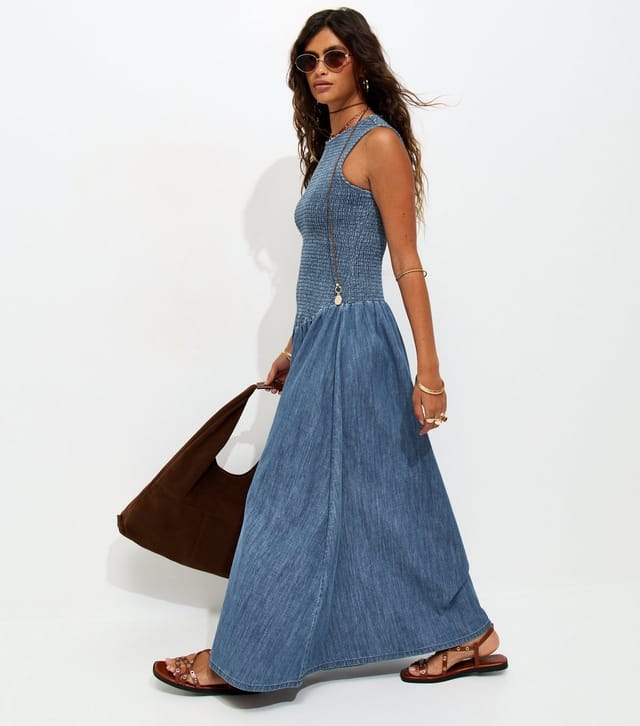 New Look Women's Blue Denim Shirred Dropped Waist Maxi Dress New Look - 2