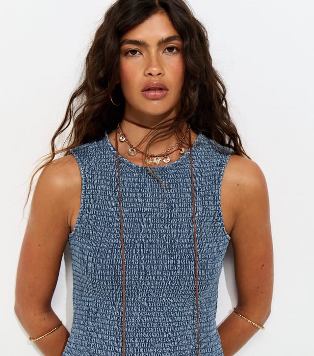 New Look Women's Blue Denim Shirred Dropped Waist Maxi Dress New Look - 3