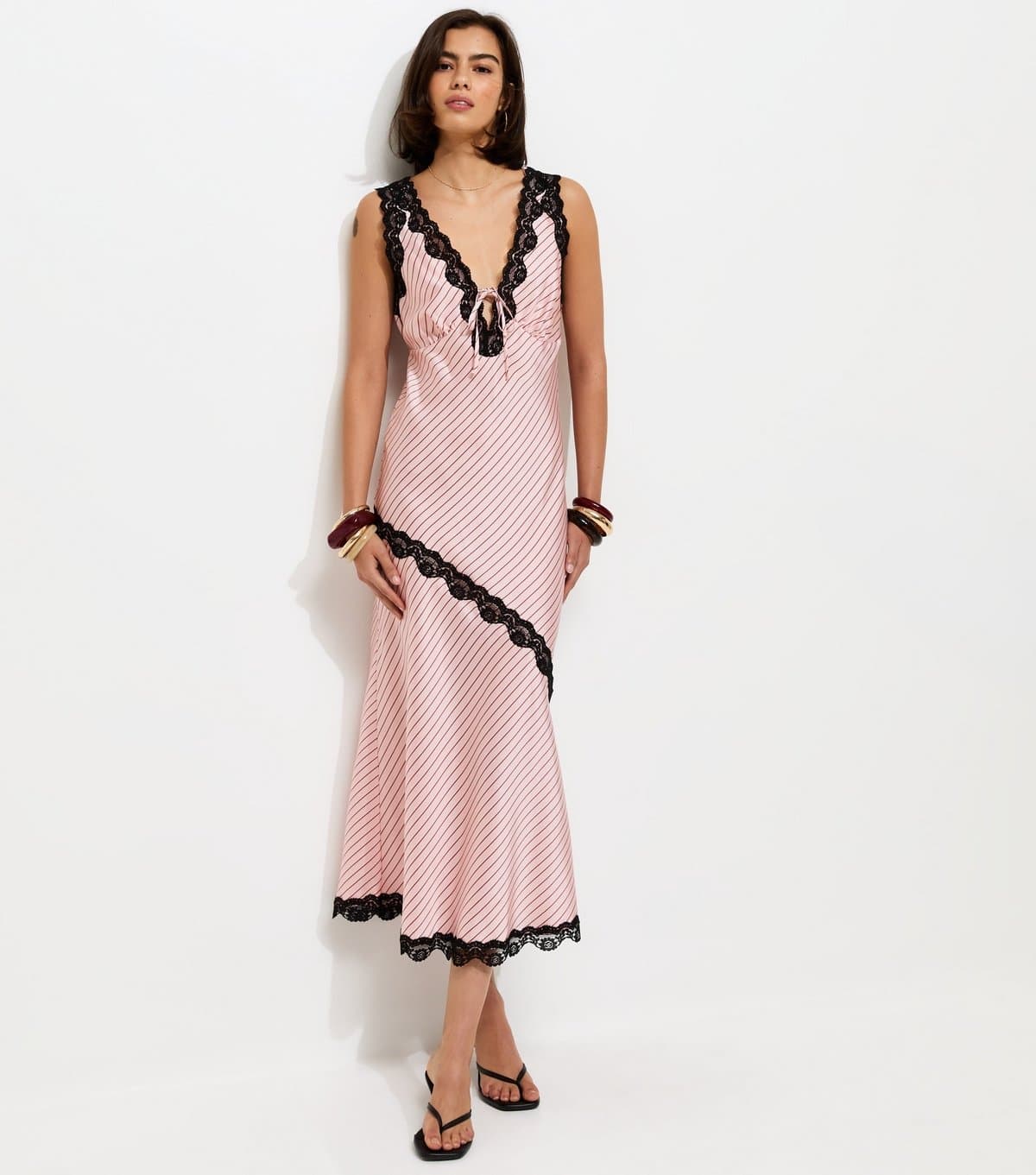 New Look Women's Pink Satin Lace Trim Sleeveless Midi Dress New Look