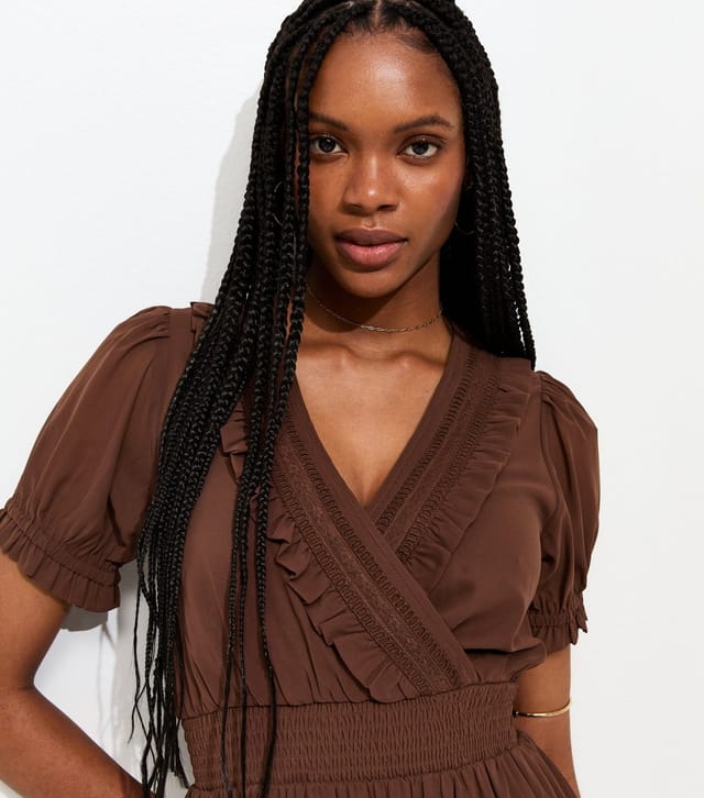 New Look Women's Brown Ruffle Trim V-Neck Short Sleeve Mini Dress New Look - 3