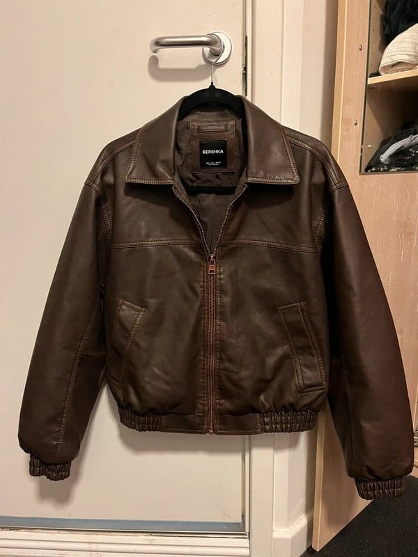 Bershka Brown Leather Bomber Jacket