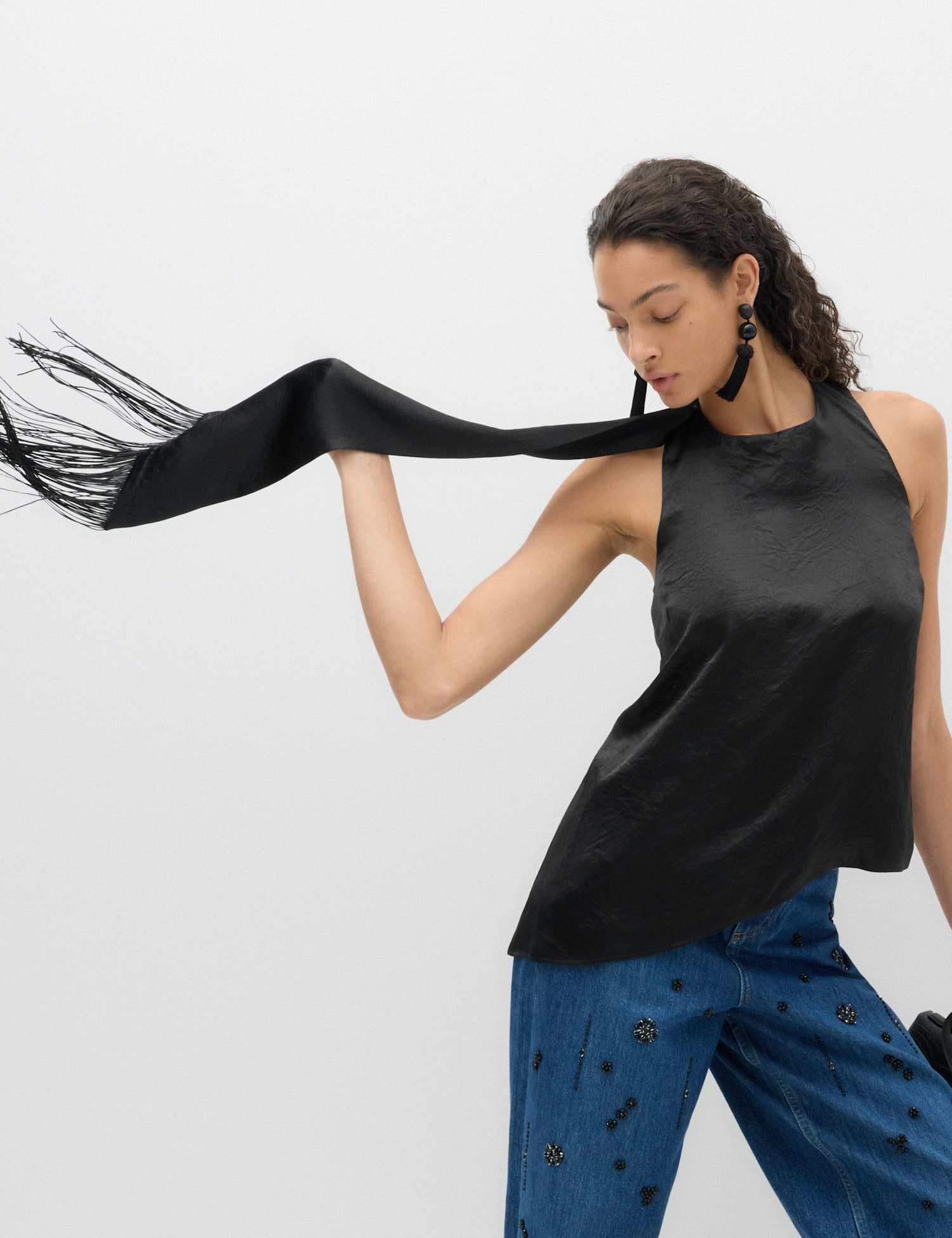 Marks & Spencer M&S Satin Halter Neck Scarf Detail Top Black