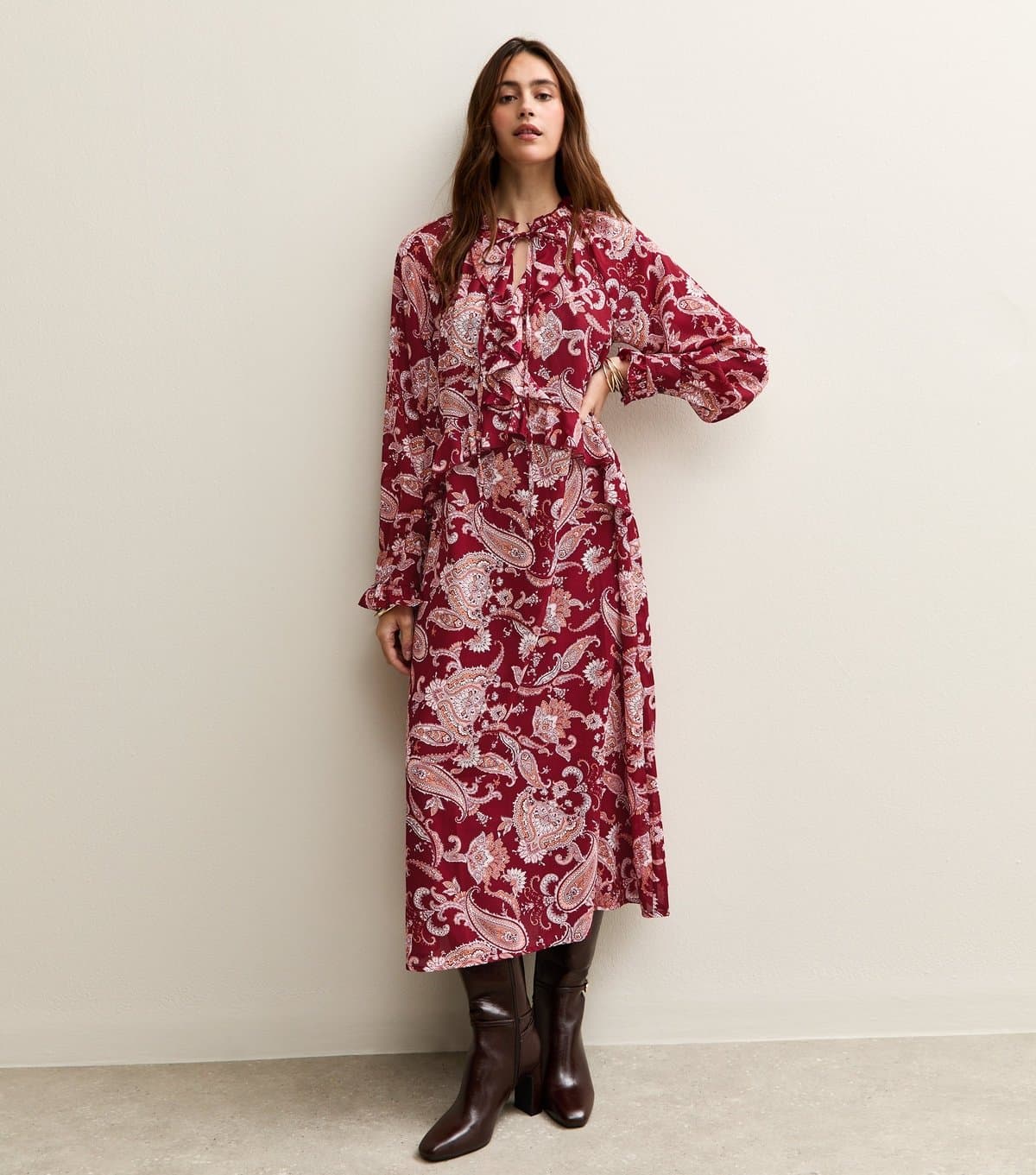 New Look Women's Red Paisley Print Frilly Trimmed Chiffon Midi Dress New Look