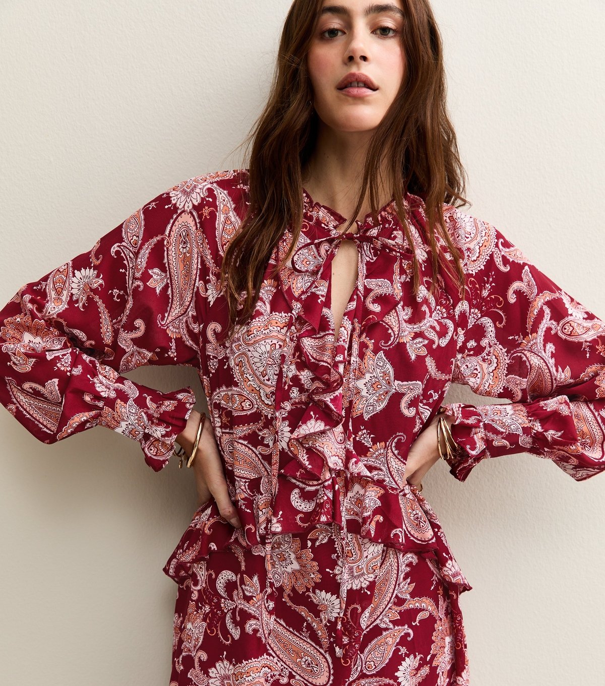 New Look Women's Red Paisley Print Frilly Trimmed Chiffon Midi Dress New Look - 2