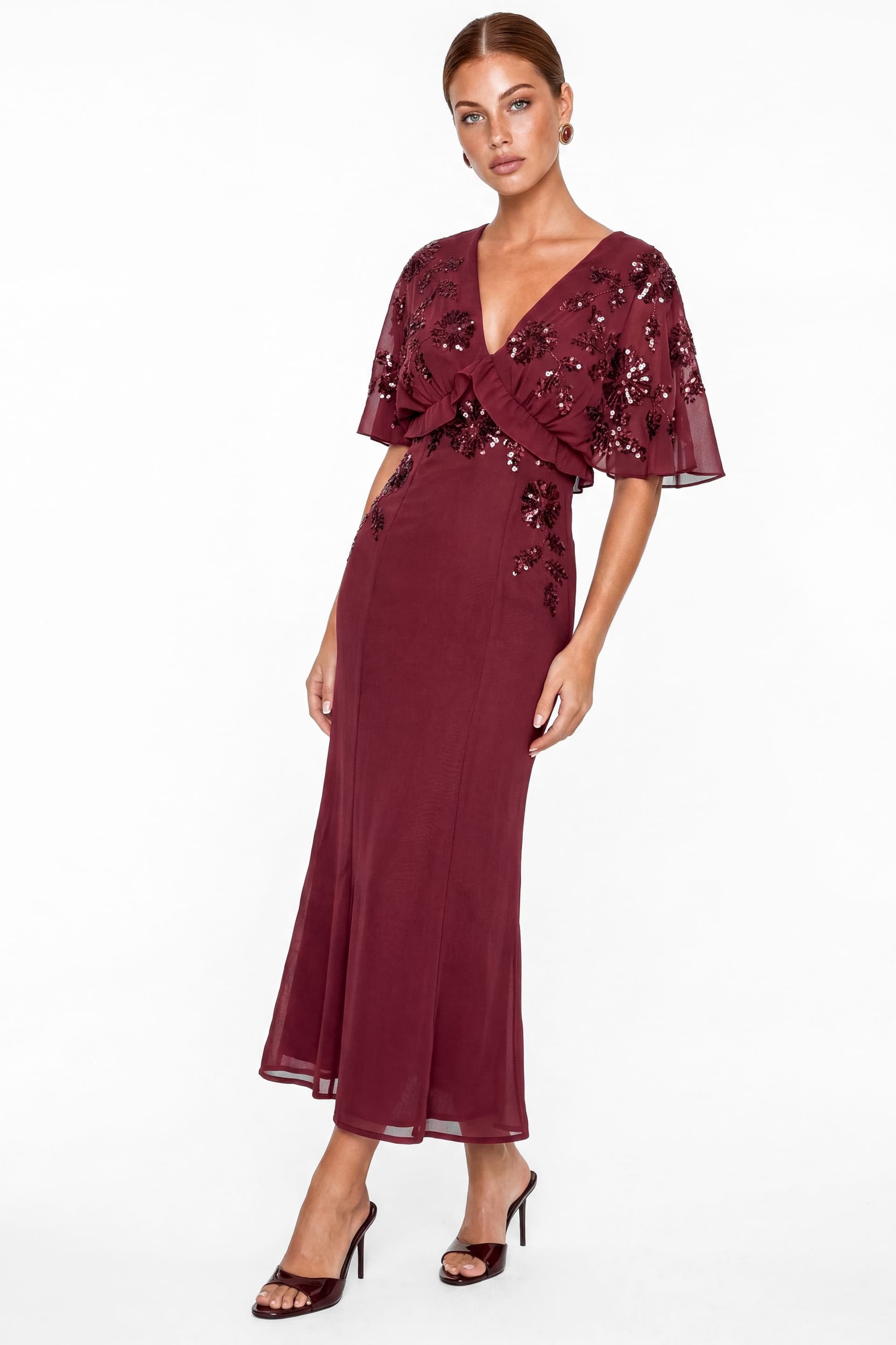 Maya Deluxe Maya Deluxe Women's Floral Embellished Cape Sleeve Midaxi Dress in Burgundy