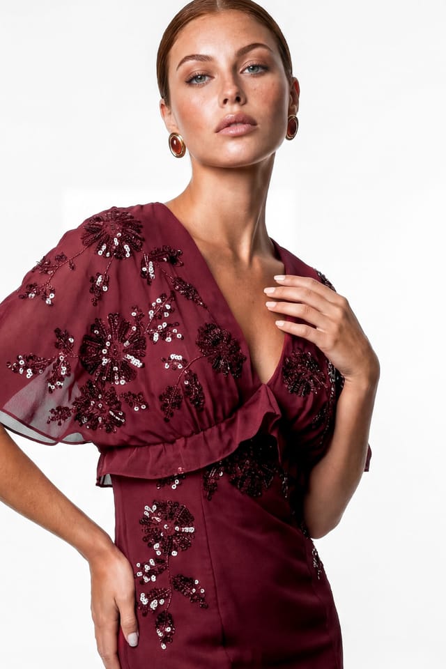 Maya Deluxe Maya Deluxe Women's Floral Embellished Cape Sleeve Midaxi Dress in Burgundy - 3