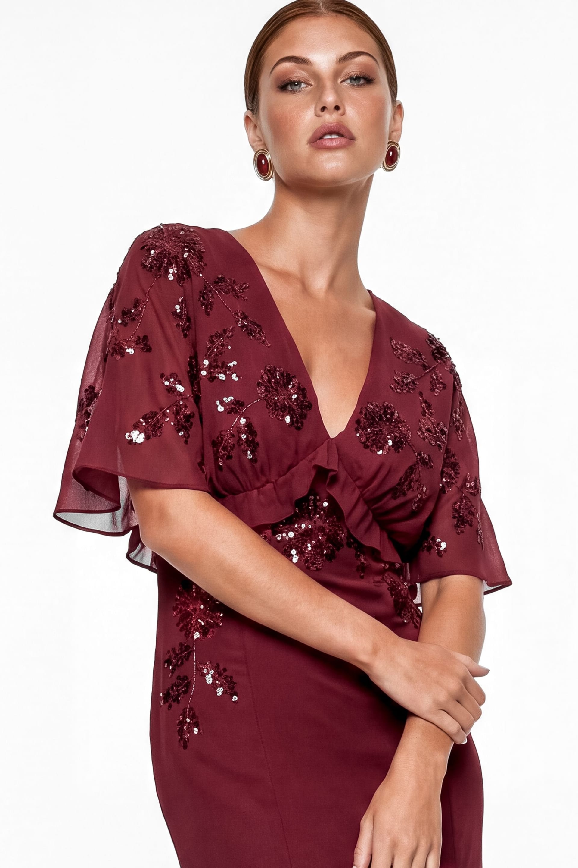 Maya Deluxe Maya Deluxe Women's Floral Embellished Cape Sleeve Midaxi Dress in Burgundy - 4