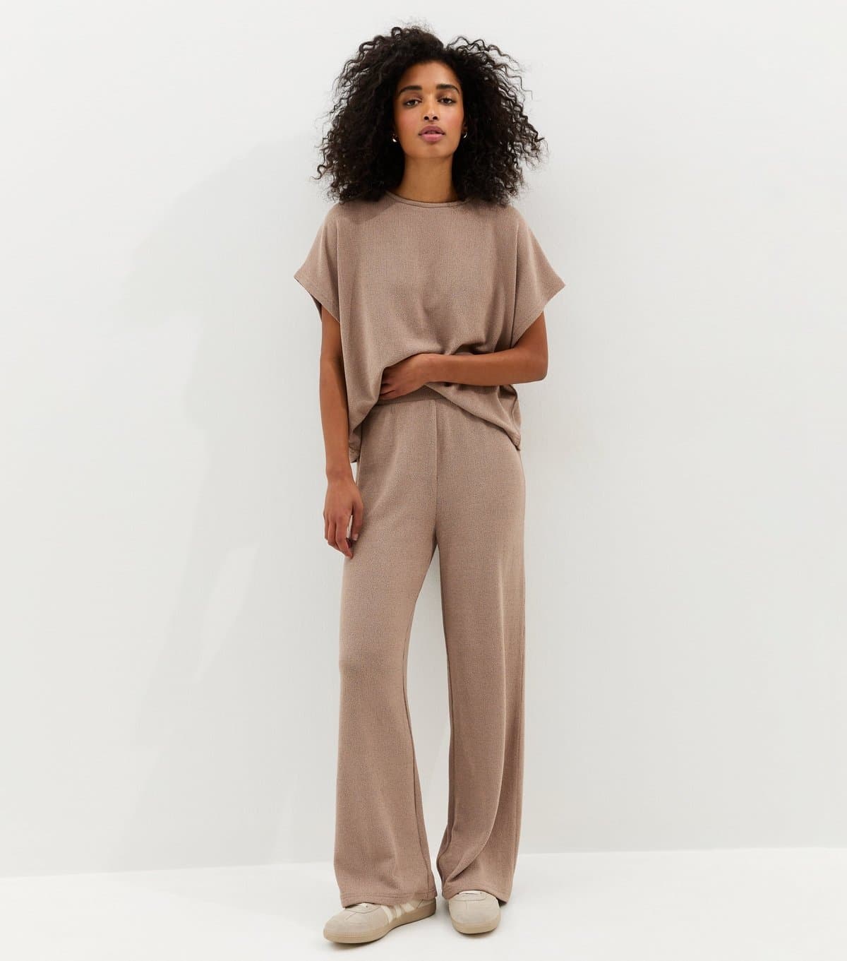 New Look Women's Dark Mink Textured Soft Touch Wide Leg Trousers New Look