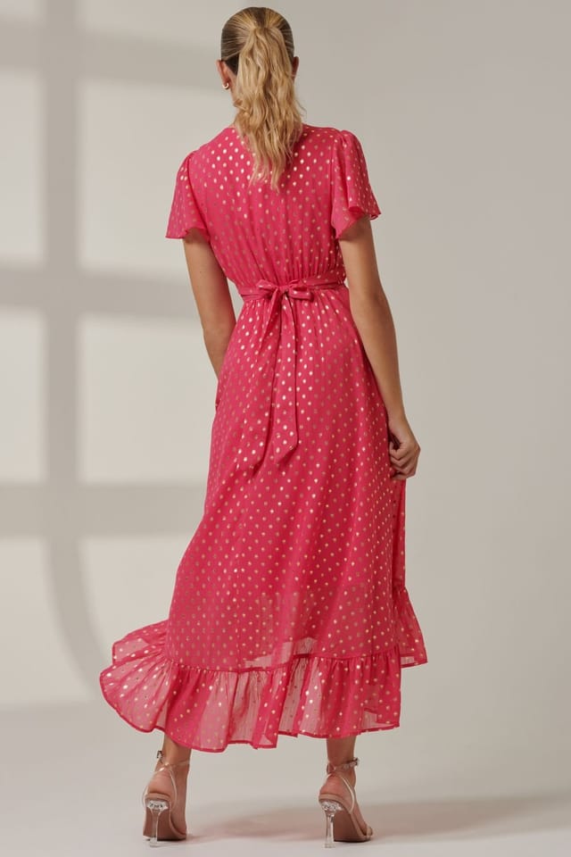 Jolie Moi Jolie Moi Women's Metallic Effect Angel Sleeve Maxi Dress in Fuchsia - 2